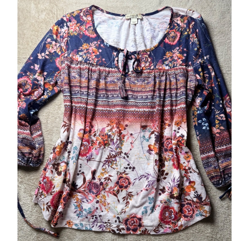 One World Boho Floral Geometric Tassel Blouse Womens M Hippie Earthy Peasant